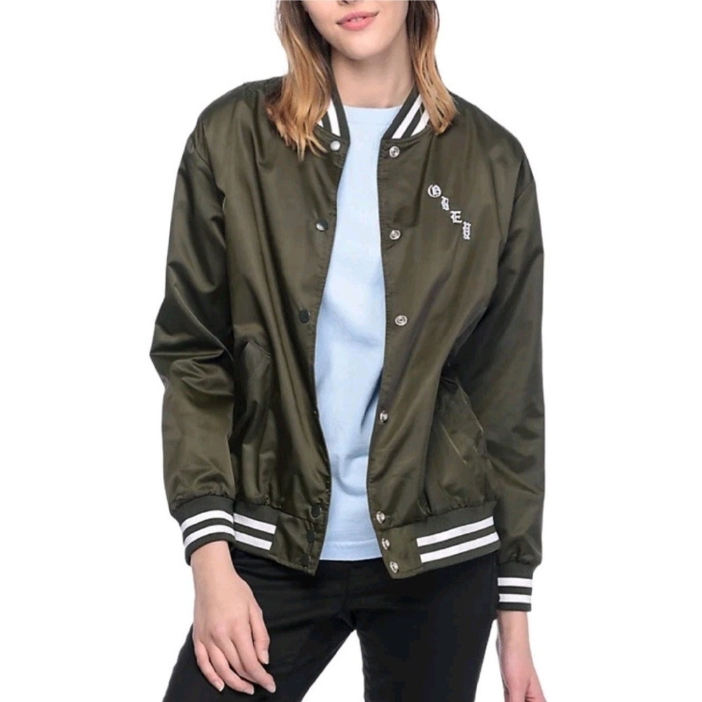 Obey Worldwide Olive Green Bomber Jacket Embroidered Cities Roses Womens Small - Picture 2 of 13